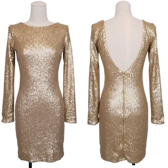 Dress The Population Gold Mini Sequin Bodycon Dress Sz Small - Picture 1 of 10